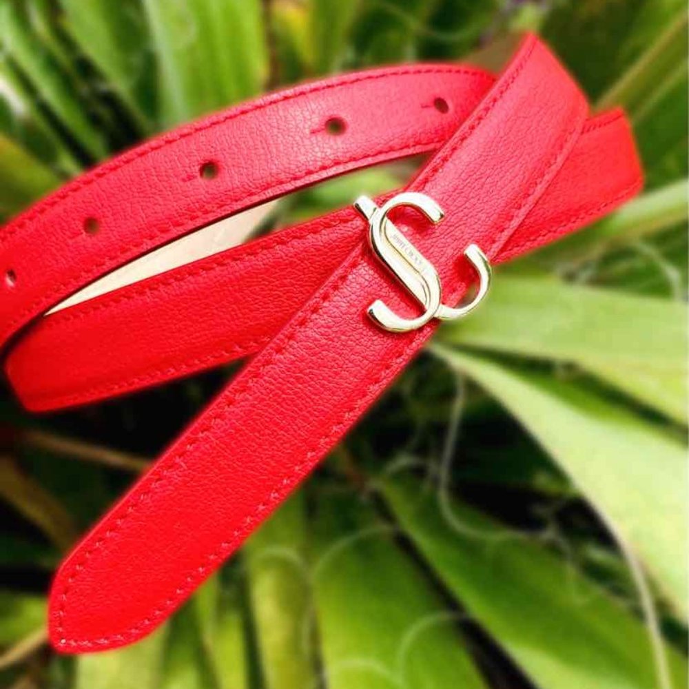 JIMMY CHOO LONDON Red Leather Belt 95 Medium Large 8 10 12 14 16 Gold New in Box